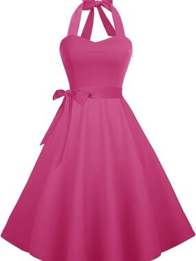 Halter Fit-and-Flare Pink Dress with Waist Tie